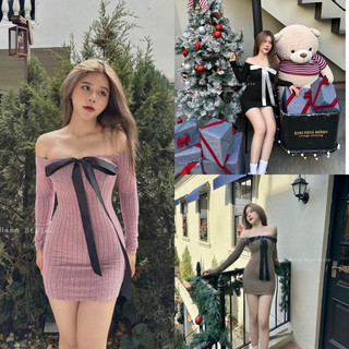 Đầm nơ trễ vai đính nơ , đầm bẹt vai len tăm đính nơ sang chảnh hẹn hò