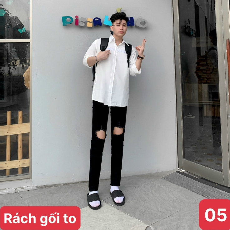 Quần jean nam rách gối màu đen trơn chất bò cao cấp co dãn 4 chiều đẹp form dáng skinny boy phố ado50 mẫu mới