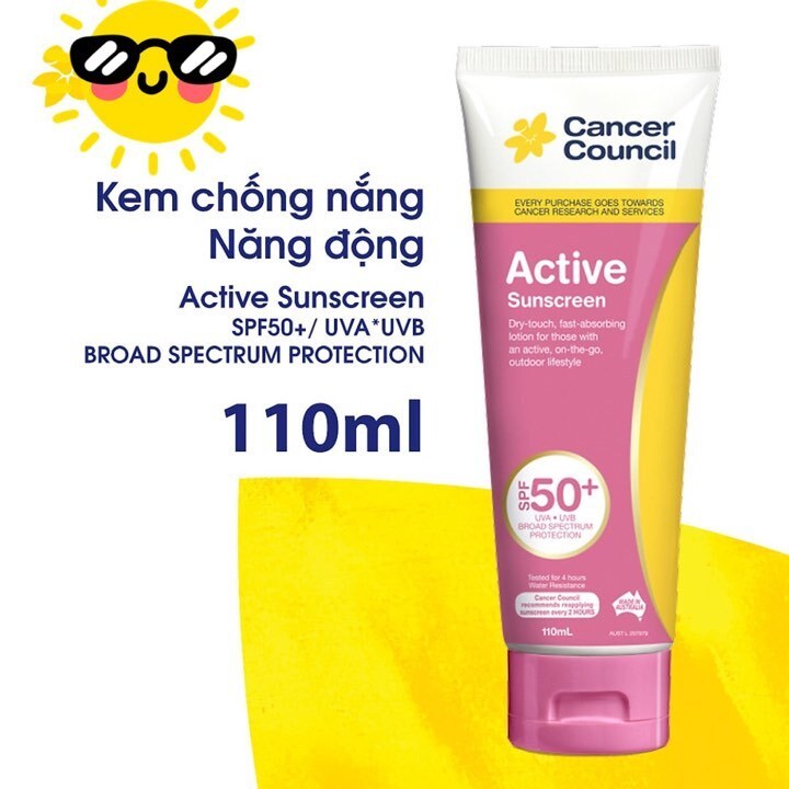 Kem Chống Nắng C.a.n.c.e.r C.o.u.n.c.i. Active Sunscreen 110ml SPF50+, Cho Da Dầu và Người Chơi Thể Thao Năng Động