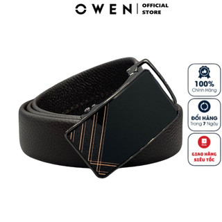 Thắt lưng da bò nam cao cấp OWEN BELT232627 dây nâu nịt nam mặt đen viền vàng hợp kim đúc nguyên khối khóa trượt tự động