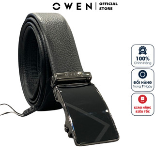 Thắt lưng da bò nam cao cấp OWEN BELT232615 dây nịt da thật màu đen mặt hợp kim đúc nguyên khối khóa trượt tự động