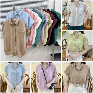 Áo sơ mi cộc tay nữ chất lanh lụa giả gân mát nhẹ không mỏng