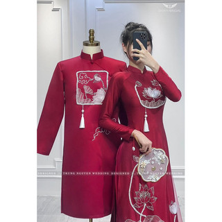 Áo dài cặp đỏ đô đính hoa sen