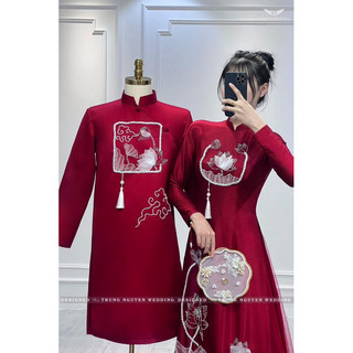 Áo dài cặp đỏ đô đính hoa sen