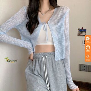 Áo Khoác Cardigan Dệt Kim Mỏng, Áo Khoác Mỏng Tay Dài Dáng Ôm Lỡ Cổ V Phối Thắt Nơ Siêu Xinh  Phong Cách Hàn Quốc Orange