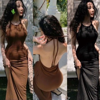 Đầm body maxi cổ yếm cột nơ xẻ tà có mút đệm ngực