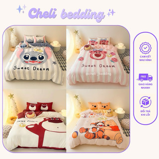 Bộ chăn ga gối cotton đũi 4 món đủ kích thước mẫu disney hoạt hình cho bé - set chăn ga gối cho bé