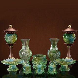 Bộ thờ cúng lưu ly xanh ngũ sắc, lư hương, bình hoa, đĩa trái cây, ly nước - đồ thờ cát tường