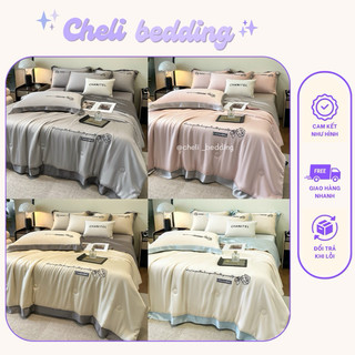 Bộ chăn ga gối phi lụa 4 món chăn trần bông thêu chữ đủ kích thước siêu mềm mát set chăn ga gối lụa mát bộ chăn ga lụa