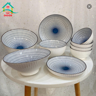 Bộ bát đĩa sứ Kẻ Nhật-chén dĩa ăn cơm Decor sọc xanh viền nâu kiểu Nhật-đồ cute dễ thương VuaDecor