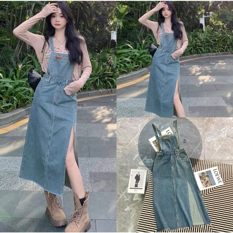 Váy Yếm Bò Jean Nữ 2 Dây Xẻ Cao Mài Nhẹ Size S M - Halinh Shop - Váy Yếm Bò Đai Eo Túi Ngực Mix Cúc Kim Loại