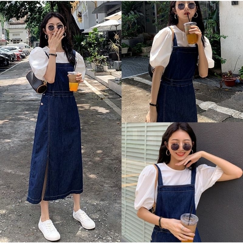 Váy Yếm Nữ Denim 2 Dây Cổ Vuông Xẻ Cao Size S M - Halinh Shop - Váy Yếm Bò Nữ Denim Cổ Vuông Dáng Dài