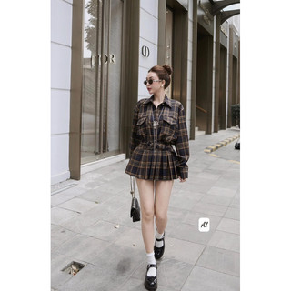 Set Kẻ Phối Xếp Li Kèm Đai