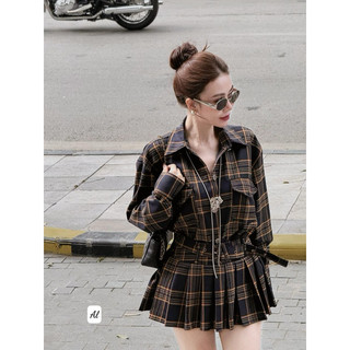 Set Kẻ Phối Xếp Li Kèm Đai