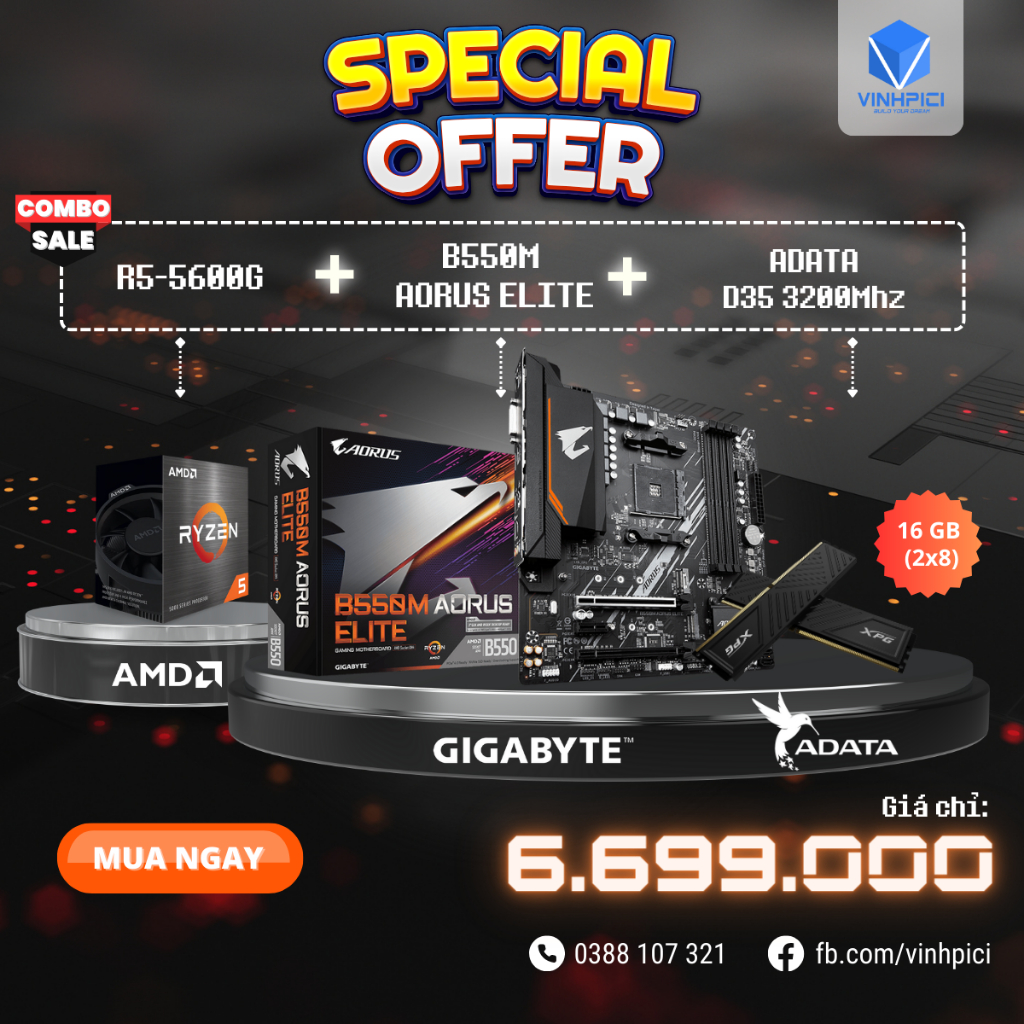 Combo AMD B550M AORUS ELITE + R5 5600G + Ram Adata SPECTRIX D35 BLACK 16GB(8x2) DDR4 3200mhz