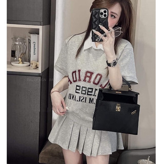 Set đồ nữ áo cộc tay phối cổ sơ mi kèm chân váy xếp ly, set áo sơ mi phối thun rời kèm chân váy dáng ngắn thiết kế