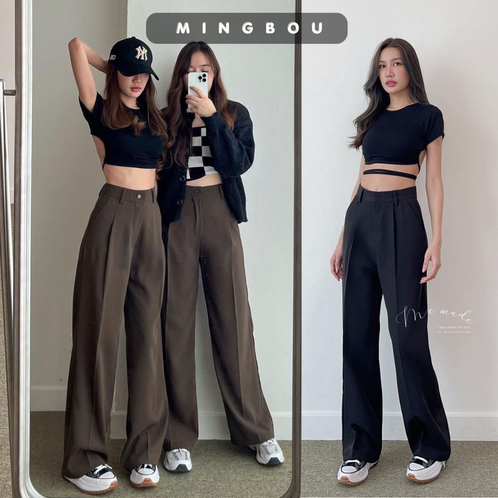 Quần suông ống rộng nữ 1 ly trước, Quần ống rộng nữ phối túi chéo chất Ruby Quảng Châu hàng đẹp dài 103 cm - MINGBOU