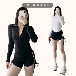 Áo thun nữ kéo khóa cổ trụ ôm body tay dài chất thun cotton dày dặn, Áo thun nữ dài tay polo kéo khóa, Ảnh thật MINGBOU