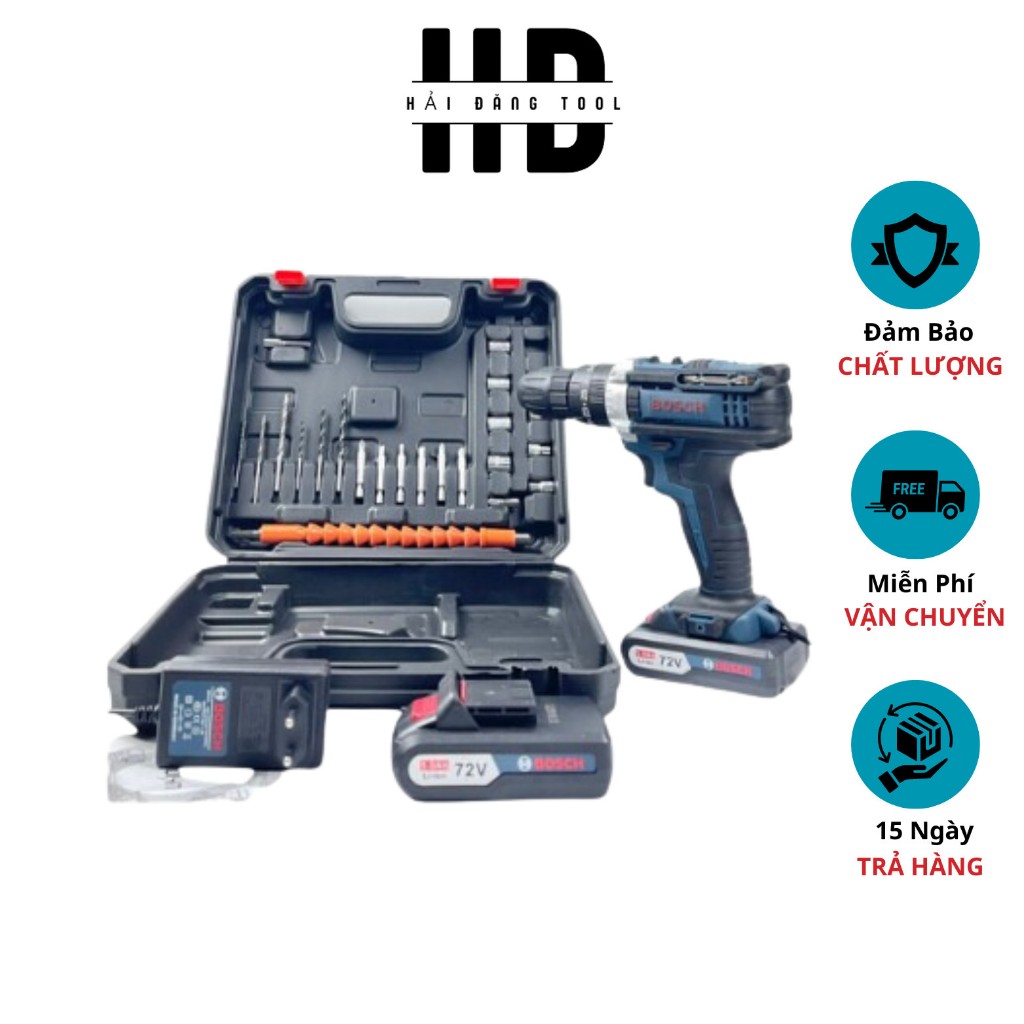 Máy khoan pin Bosch 72v, máy khoan cầm tay 3 chức năng có búa tặng bộ phụ kiện 24 chi tiết