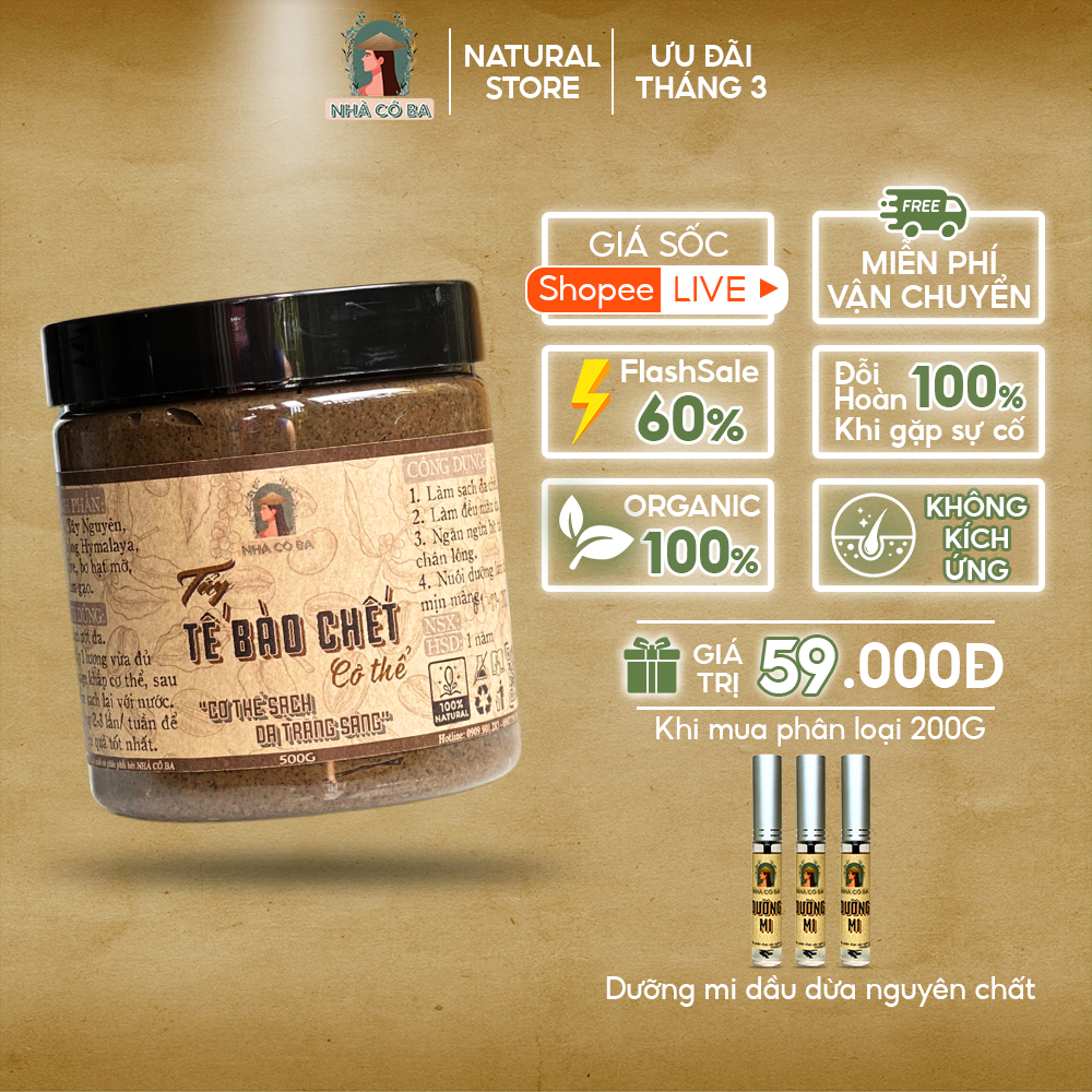 Tẩy Tế Bào Chết Cơ Thể Cà Phê Thiên Nhiên Nhà Cô Ba tẩy da chết body da mềm mịn trắng sáng mờ thâm 50gr 200gr 500gr