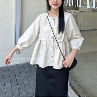 Áo babydoll chất đũi xếp ly ngực cúc gỗ tay bồng Sandy