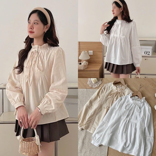 Áo sơ mi nữ cổ bèo thắt nơ vintage xinh, áo sơ mi nữ kiểu a019 molly house store