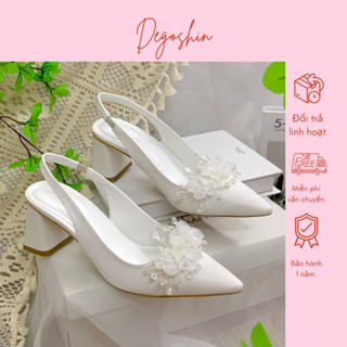 Giày cưới Slingback THIẾT KẾ đính Hoa LINH LAN - giày cao 7cm gót trụ Da Pu cao cấp của Degoshin.