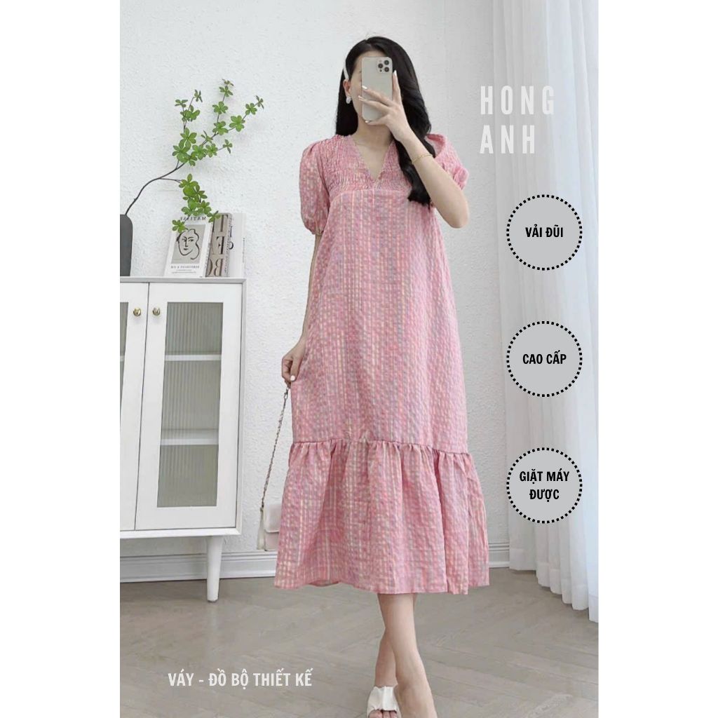 Đầm bầu, đầm babydoll kẻ caro cổ V thiết kế nhún phần ngực
