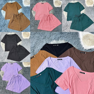 Set đồ bộ bigsize nữ áo tay ngắn cổ tim kèm quần eo chun co giãn chất vải gân tăm
