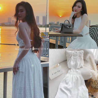 Đầm Maxi ren trắng cổ yếm cutout eo bo chun đi biển/du lịch NÀNG CLOSET