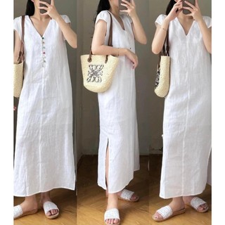Đầm linen tưng premium suông dáng dài, dài 120cm, nút bọc - Nhận đặt theo yêu cầu - PT linen -mm6