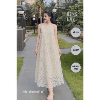 Đầm maxi cổ yếm ren, Váy yếm dáng xuông chất vải ren 2 lớp mềm mát đi biển đi chơi thoải mái
