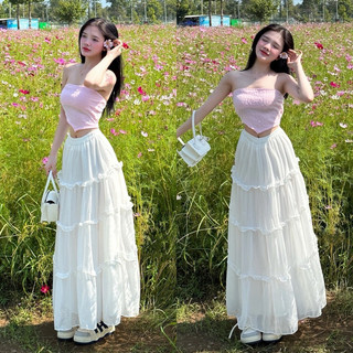 Chân váy tơ xoè viền bèo dáng dài , chân váy midi dáng dài snupi
