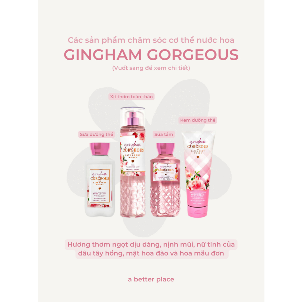 Xịt thơm nước hoa, sữa dưỡng thể, sữa tắm, kem dưỡng ẩm Gingham Gorgeous - Body mist chính hãng Bath & Body Works