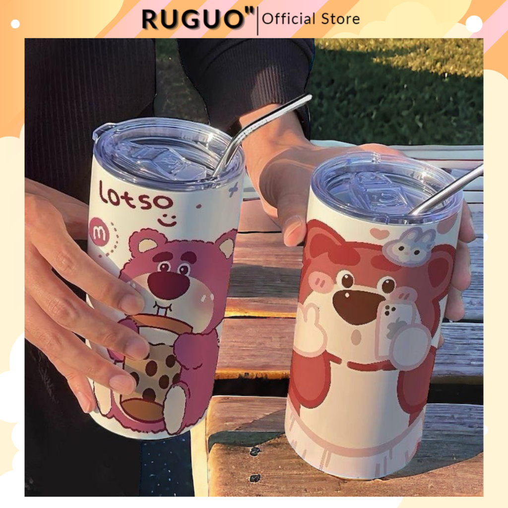 Ly Giữ Nhiệt Gấu Dâu Chụp Ảnh Selfie Iced Americano 600ml Inox 304 Nắp Chống Tràn