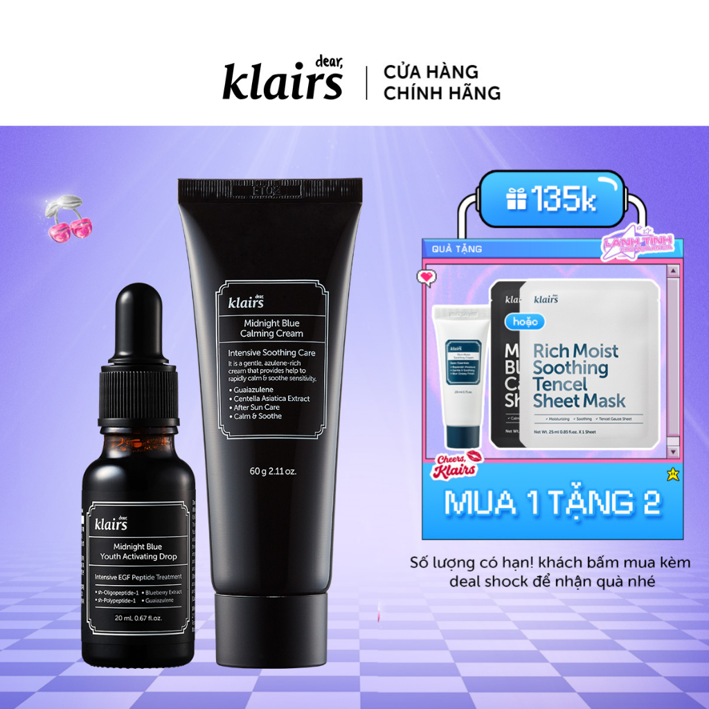 Combo Dear, Klairs Kem dưỡng Midnight Blue Calming Cream 60g+tinh chất Midnight Blue Youth Activating Drop 20ml