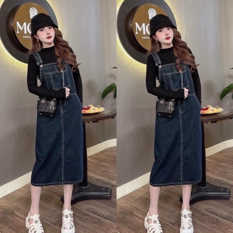 Yếm Váy Bò Xanh Đậm Túi Ngực, Váy Yếm Jean Xẻ Sau