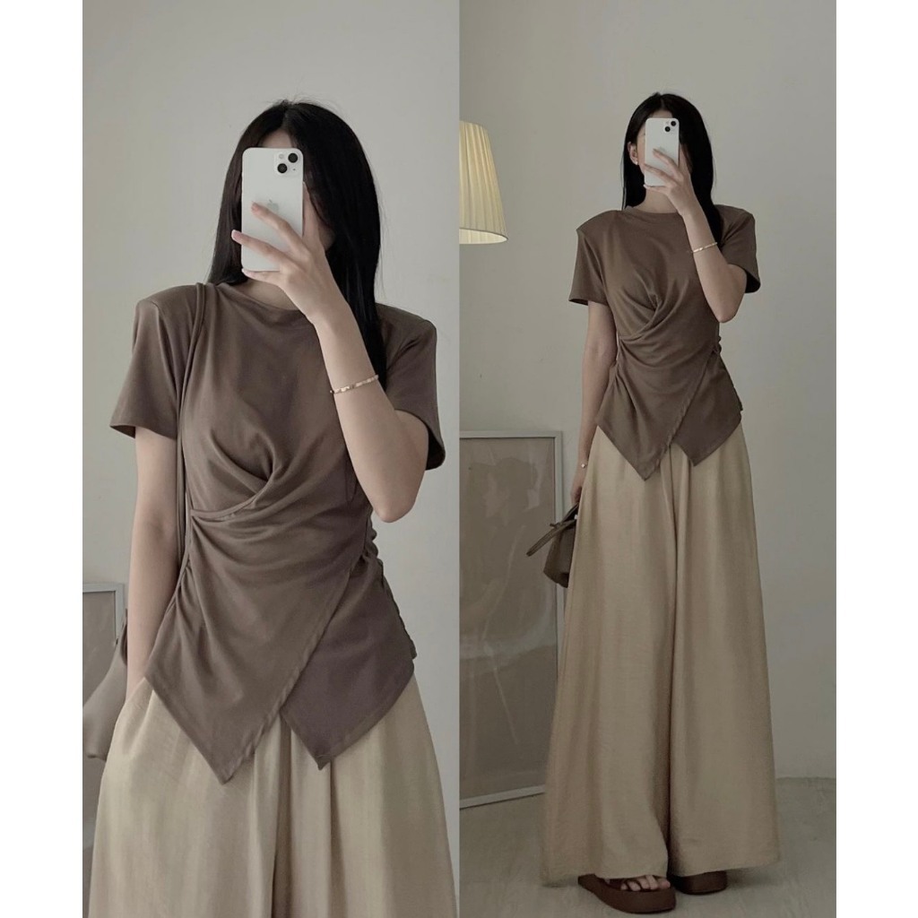 Áo Thun Nữ Trơn Cổ Tròn Nhúm Eo Vạt Chéo Bigsize 70kg MA006 | BigBuy360 - bigbuy360.vn