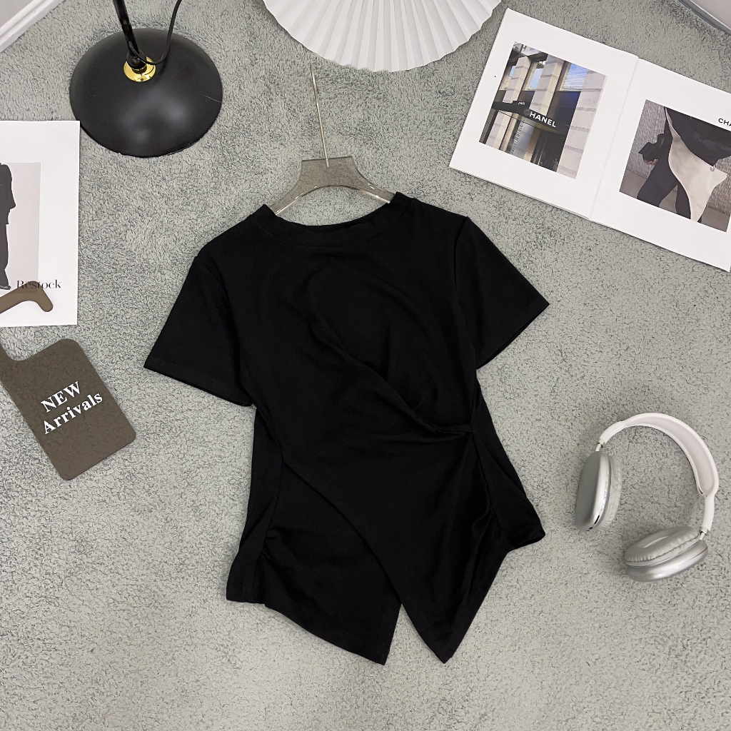 Áo Thun Nữ Trơn Cổ Tròn Nhúm Eo Vạt Chéo Bigsize 70kg MA006 | BigBuy360 - bigbuy360.vn