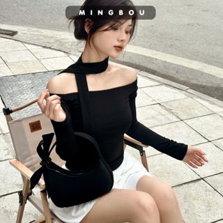 Áo dài tay trễ vai  kèm dây cổ chocker, áo bẹt vai phối dây cổ rời dài tay chất liệu thun tăm - ẢNH THẬT MINGBOU