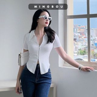 Áo thun Nữ kéo khóa hai đầu xẻ tà chất thun gân hàng loại 1 dày dặn, áo polo kéo khóa nữ cổ bẻ, có ẢNH THẬT MINGBOU