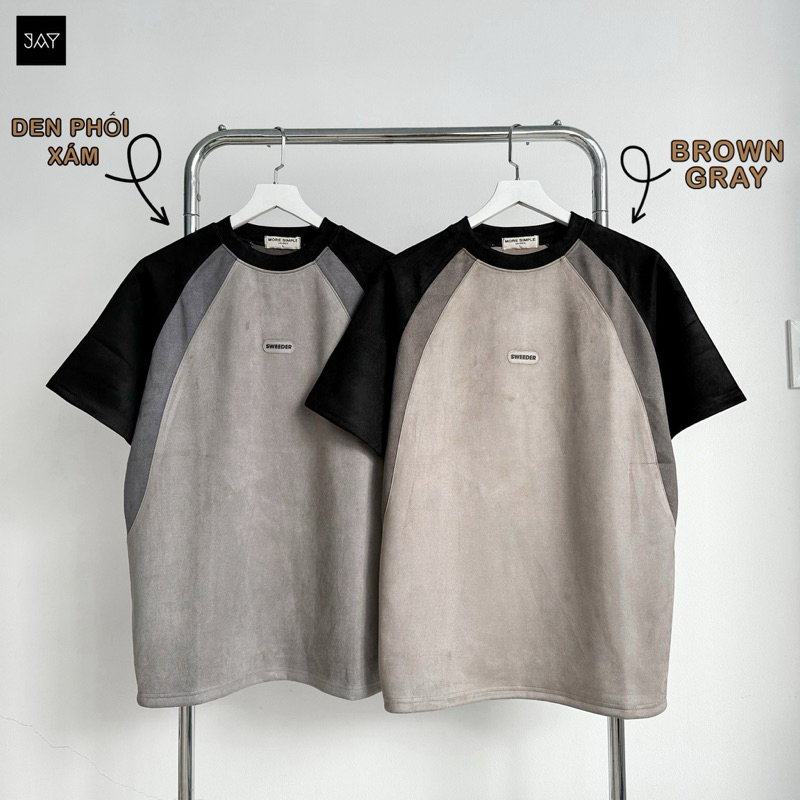 Áo thun tay lỡ vải da lộn DATO màu ĐEN/XÁM - áo phông phối màu form rộng unisex nam nữ/ Jaystoree | BigBuy360 - bigbuy360.vn