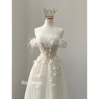 Xuông cưới thiết kế RIN DRESS Váy kim tuyến vai ngang dành cho dau mặc tiệc đãi khách, chụp ảnh cưới, ,,,