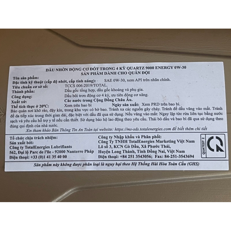 Dầu Nhớt Total quartz 9000 0w30 Can 5L