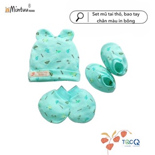 Combo mũ tai thỏ sơ sinh màu in bông, bao tay chân bo, thương hiệu Mintuu - 9042
