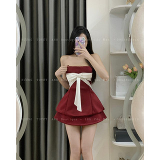 Set áo cúp chân váy xếp ly kèm dây hoa cổ hình thật