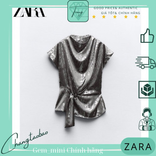 Zara Auth Áo lụa satin xám cổ nửa chiết eo size xs form to