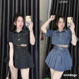 Sét bộ áo jean tay ngắn cổ sơ mi kèm chân váy ngắn xòe xếp ly siêu cute