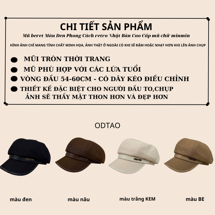 Mũ beret Màu Đen Phong Cách retro Nhật Bản Cao Cấp mũ chữ minmin | BigBuy360 - bigbuy360.vn