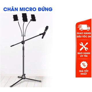 Chân micro đứng cao cấp MP705 tích hợp 1 đầu mic và 03 đế kẹp điện thoại dùng phòng thu, sân khấu chân đế đứng